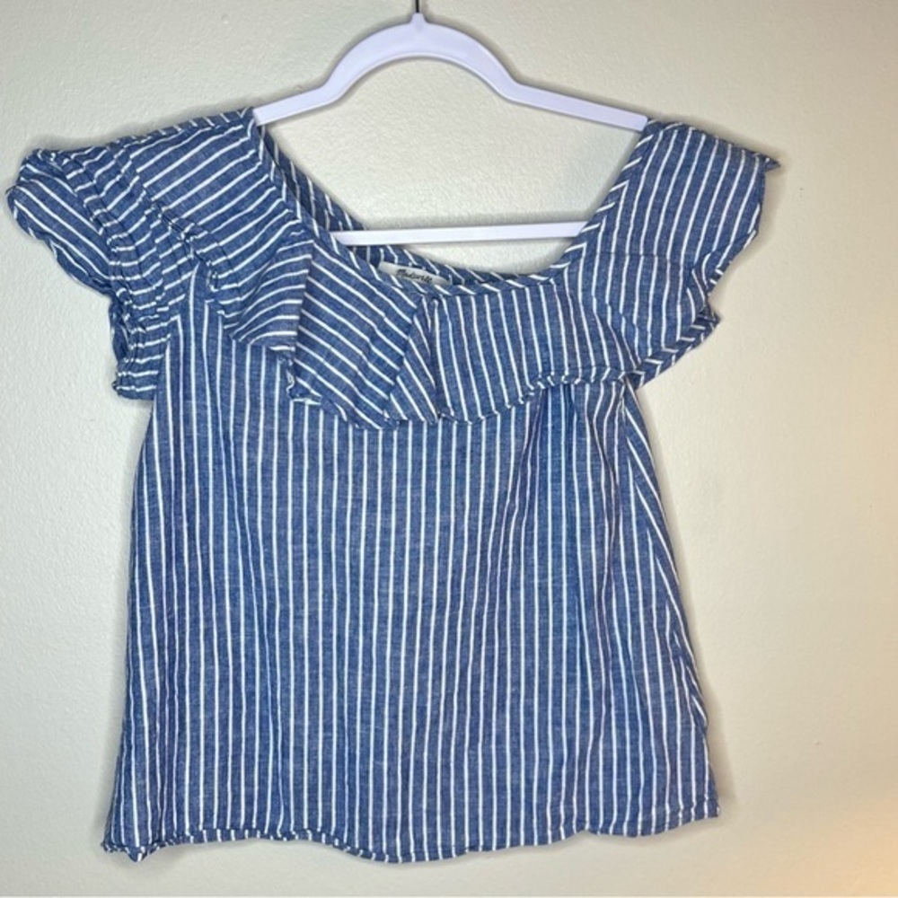 Madewell Striped Linen Cotton One Shoulder Ruffle Blouse